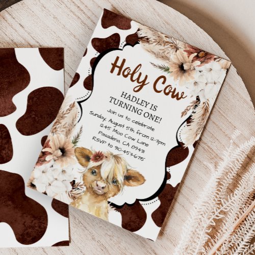 Boho Highland Cow Im One Girl First Birthday Invitation