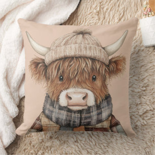 Boho Highland Cow in Hat Cream Throw Pillow