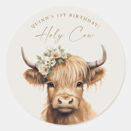 Boho Highland Cow Kids Birthday Party Classic Round Sticker
