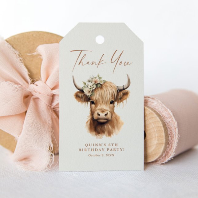 Boho Highland Cow Kids Birthday Party Favor Gift Tags (Boho Highland Cow Girls Kids Birthday Party Thank You Favor Tags.)