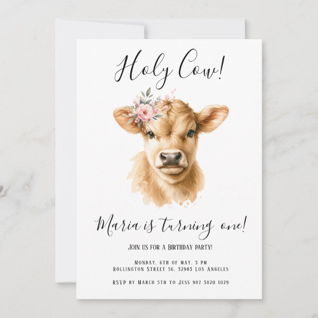 Boho Highland Cow Kids Birthday Party Invitation (Front)
