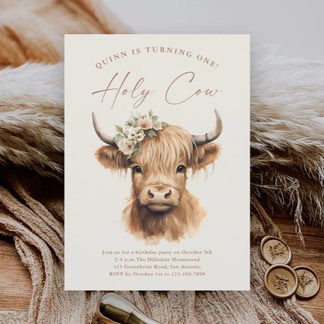 Boho Highland Cow Kids Birthday Party Invitation | Zazzle