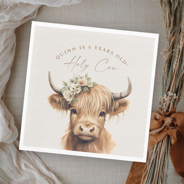 Boho Highland Cow Kids Birthday Party Napkins (Boho highland cow kids girls birthday party napkins.)