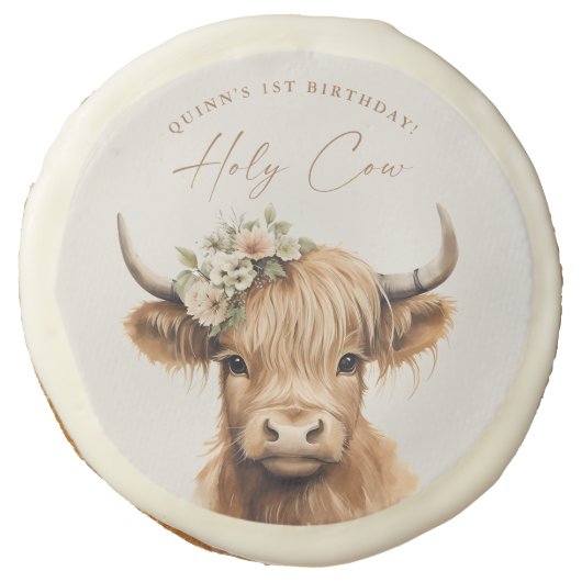 Boho Highland Cow Kids Birthday Party Sugar Cookie (Front)