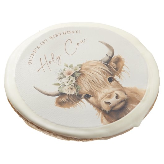 Boho Highland Cow Kids Birthday Party Sugar Cookie (Angled)