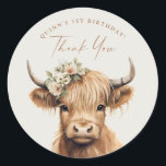 Boho Highland Cow Kids Birthday Party Thank You Classic Round Sticker<br><div class="desc">Boho Highland Cow Kids Birthday Party Thank You Sticker. Click the edit/personalize button to customize this design.</div>