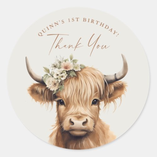 Boho Highland Cow Kids Birthday Party Thank You Classic Round Sticker