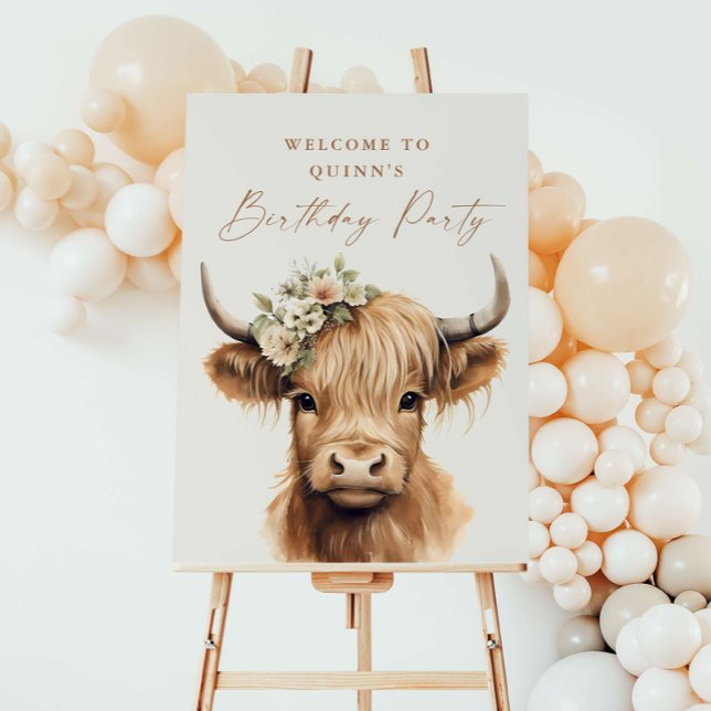 Boho Highland Cow Kids Birthday Party Welcome Foam Board (Boho highland cow kids  girls 
birthday party welcome sign.)