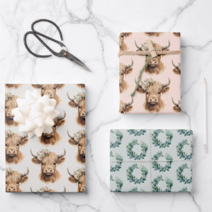 Boho Highland Cow Kids Birthday Party Wrapping Paper Sheets