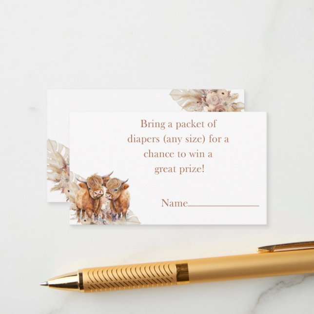 Boho Highland Cow pampas grass diaper raffle Enclosure Card (Front/Back In Situ)