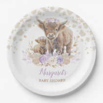 Boho Highland Cow Purple Roses Floral Baby Girl Paper Plates
