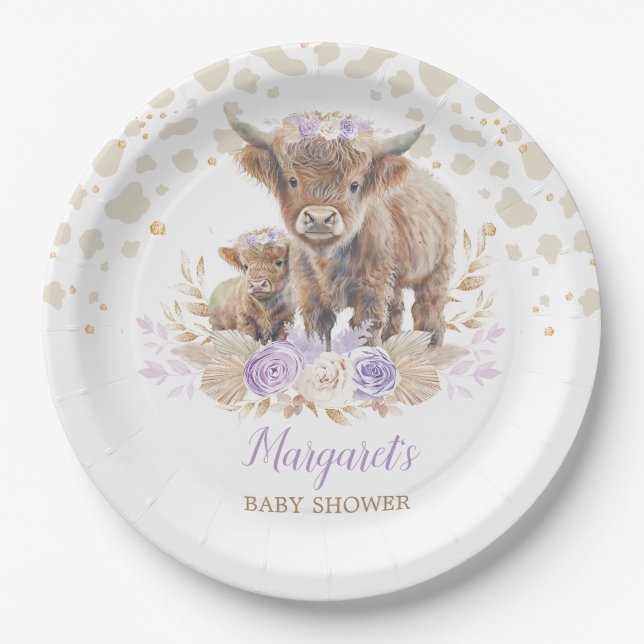 Boho Highland Cow Purple Roses Floral Baby Girl Paper Plates (Front)