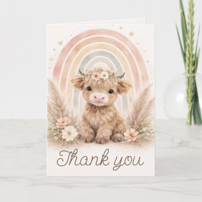 Boho Highland Cow Rainbow Baby Shower Blank Thank You Card (Front)