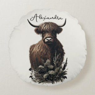 Boho Highland Cow Round Pillow