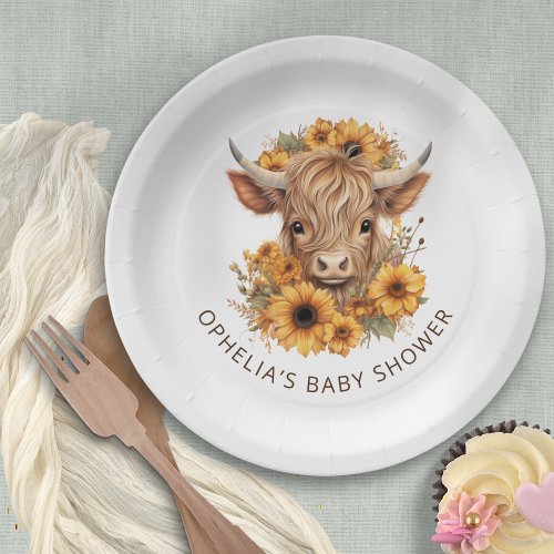 Boho Highland Cow Sunflowers Baby Shower Paper Plates