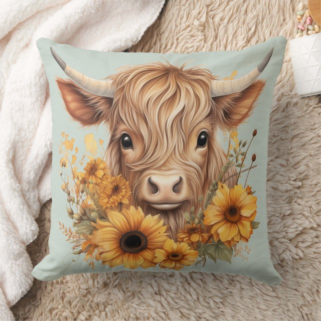 Boho Highland Cow Sunflowers Sage Green Throw Pillow (Blanket)