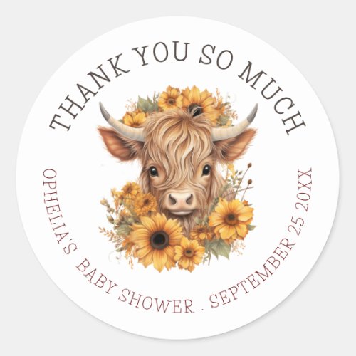 Boho Highland Cow Thank You Baby Shower Classic Round Sticker