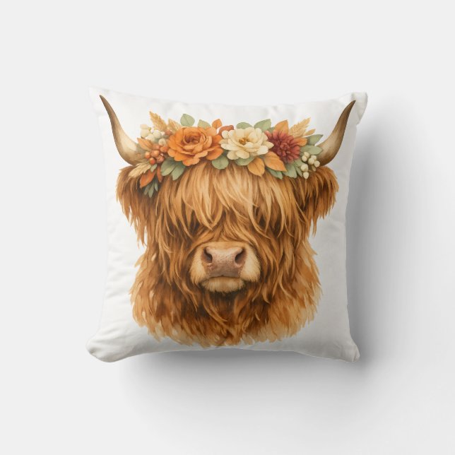 Boho Highland Cow Throw Pillow with Floral Crown | (Front)