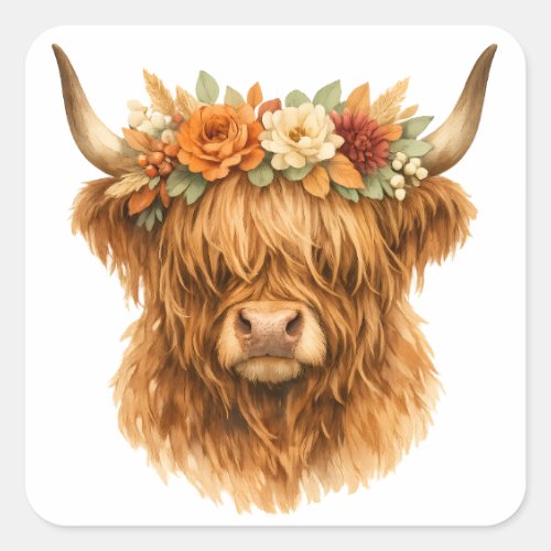 Boho Highland Cow Throw Pillow with Floral Crown | Square Sticker