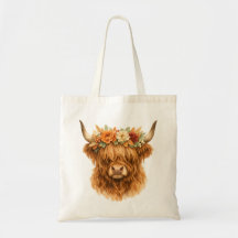 Boho Highland Cow Throw Pillow with Floral Crown |