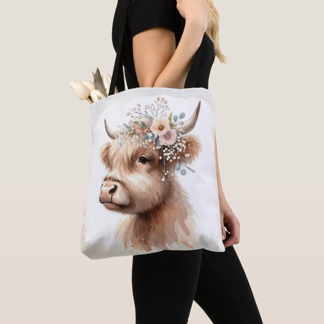 Boho Highland Cow Tote Bag (Close Up)