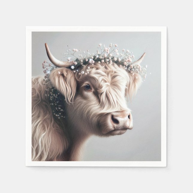 Boho Highland Cow With Baby's Breath Crown Napkins (Front)