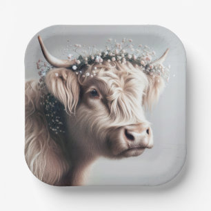 Boho Highland Cow With Baby's Breath Crown Paper Plates