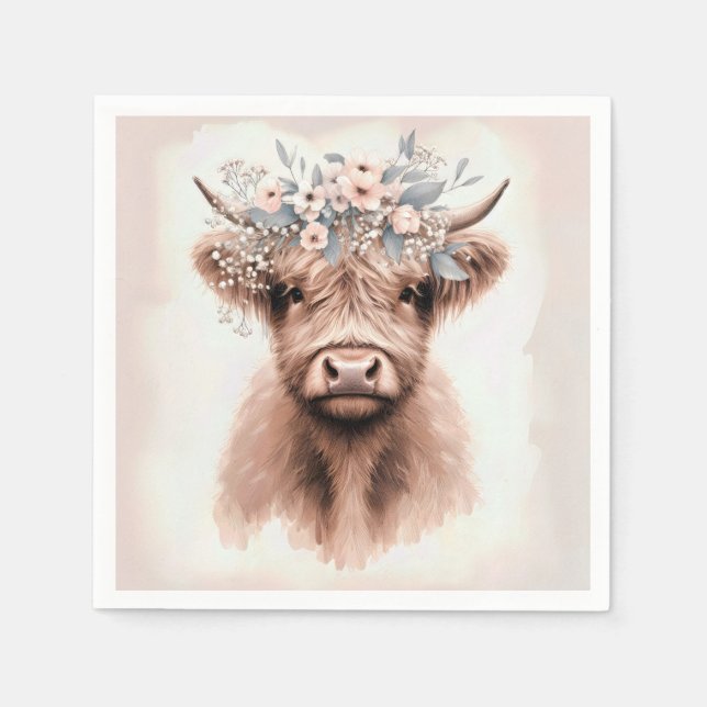 Boho Highland Cow With Bridal Floral Crown Napkins (Front)