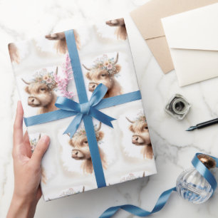 Boho Highland Cow With Bridal Flowers Wrapping Paper