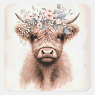 Boho Highland Cow With Floral Bridal Crown Square Sticker