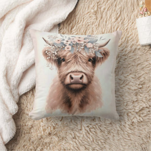 Boho Highland Cow With Floral Crown Throw Pillow