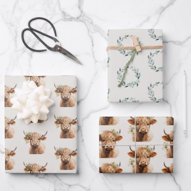 Boho Highland Cow Wrapping Paper Sheets (Front)