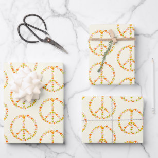 Boho Hippie Floral Peace Sign Pattern in Yellow Wrapping Paper Sheets