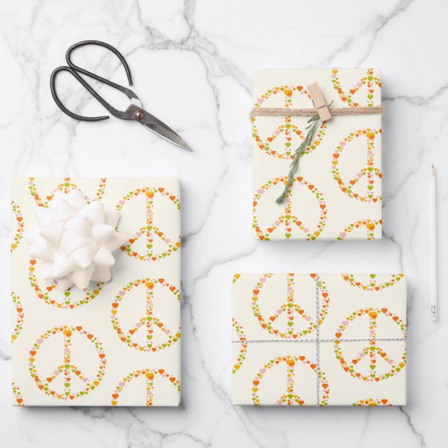 Boho Hippie Floral Peace Sign Pattern in Yellow Wrapping Paper Sheets (Front)