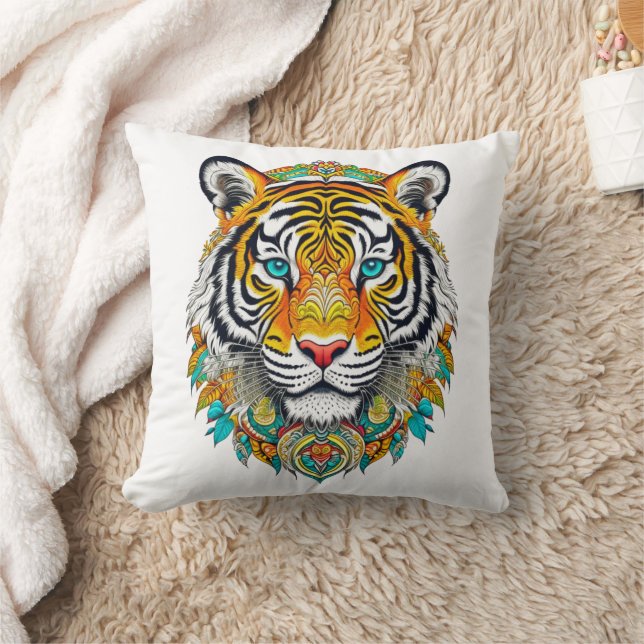 Boho Hippie Floral Year of the Tiger Art Throw Pillow (Blanket)