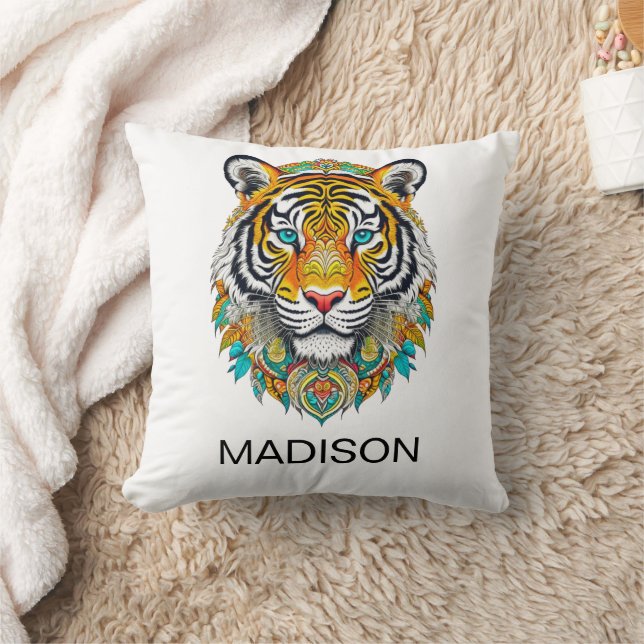 Boho Hippie Floral Year of the Tiger Art Throw Pillow (Blanket)