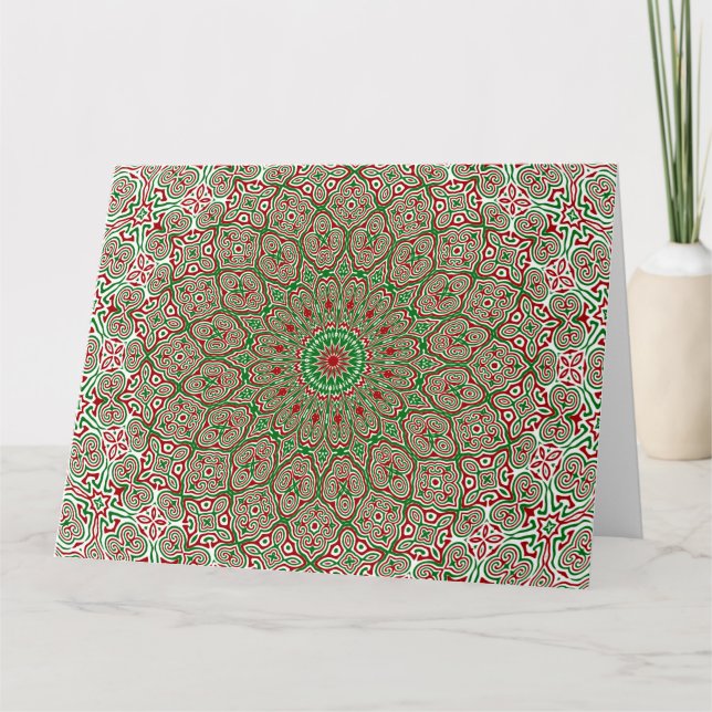 Boho Hippie Funky Trippy Ornate Christmas Mandala  Card (Front)