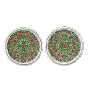 Boho Hippie Funky Trippy Ornate Christmas Mandala Cufflinks