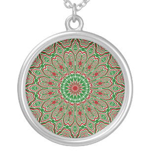 Boho Hippie Funky Trippy Ornate Christmas Mandala Silver Plated Necklace