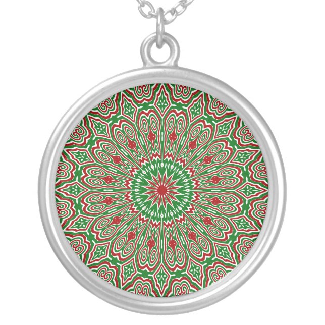 Boho Hippie Funky Trippy Ornate Christmas Mandala  Silver Plated Necklace (Front)