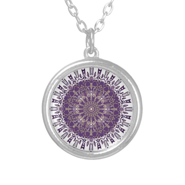 Boho Hippie Kaleidoscope Purple Mandala Pattern Silver Plated Necklace (Front)