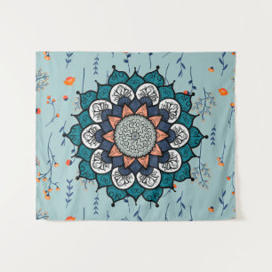 Boho Hippie Mandala with Orange Flowers Tapestry