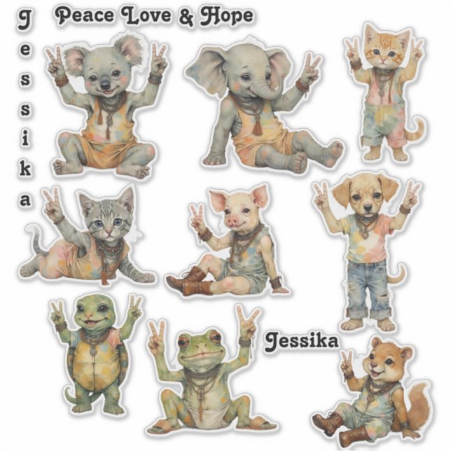 Boho Hippie Peace Baby Animals Custom Personalize  Sticker (Front)