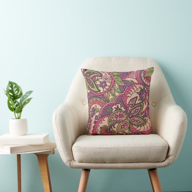 Boho Hippie Pink/Green/Purple Floral Paisley 16X16 Throw Pillow (Chair)
