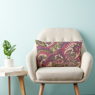 Boho Hippie Pink/Green/Purple Floral Paisley Lumbar Pillow