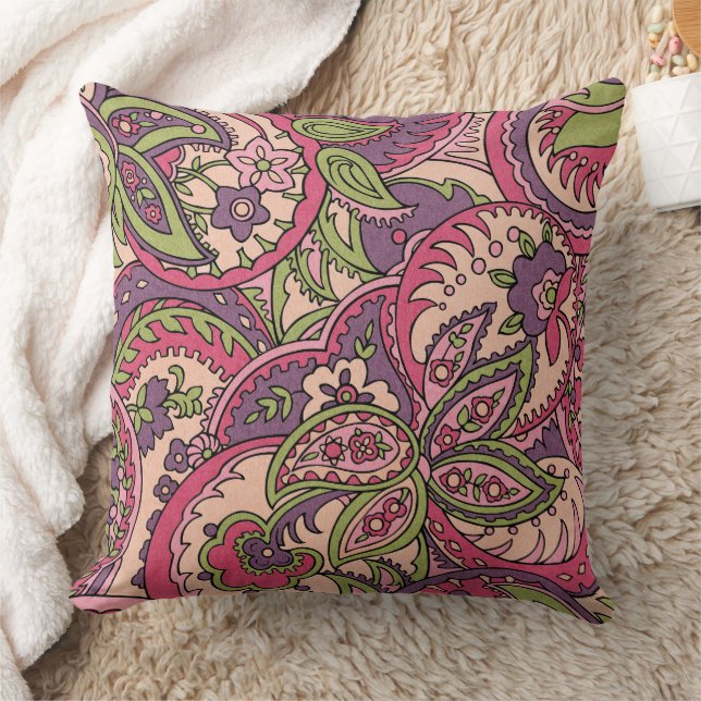 Boho Hippie Pink/Green/Purple Floral Paisley Throw Pillow (Blanket)