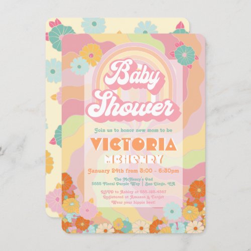 Boho Hippie Rainbow Floral Baby Shower Invitation