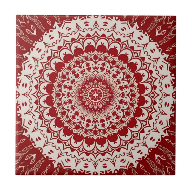Boho Hippie Tibetan Inspired Red Mandala  Ceramic Tile (Front)