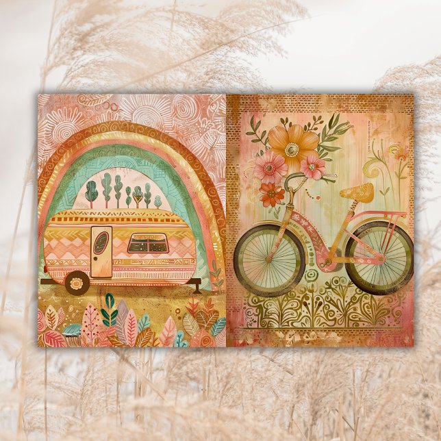 Boho Hippie Watercolor Camper Bike Junk Journal  Tissue Paper (Creator Uploaded)