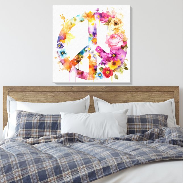 Boho Hippy 60s 70s Peace Sign Canvas Print (Insitu(Bedroom))